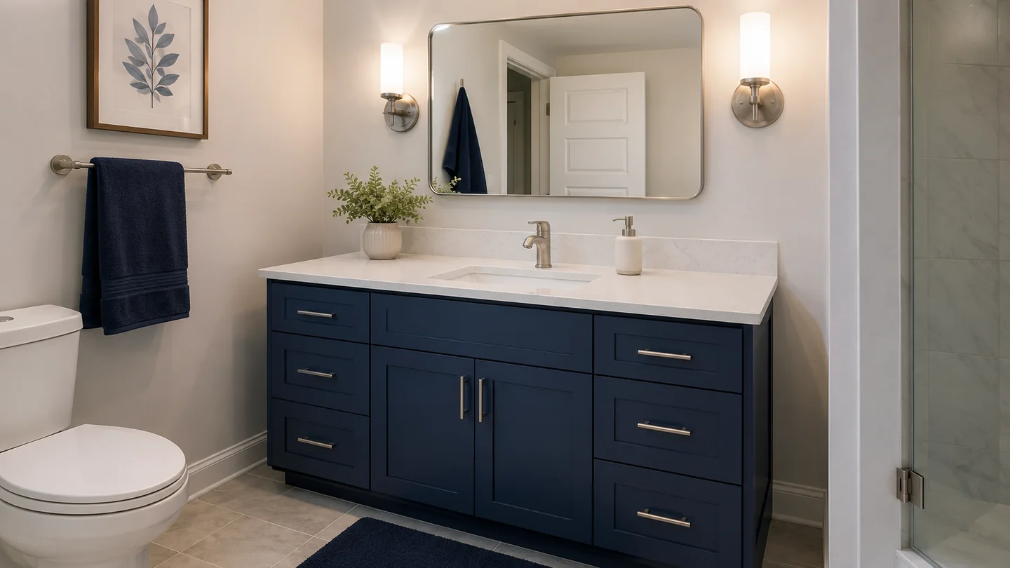 Navy bathroom vanity with quartz counter and balanced wall lighting