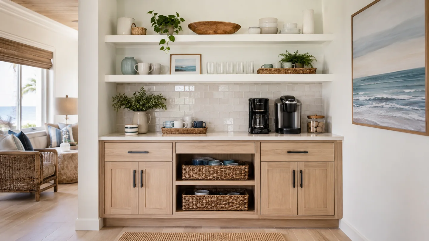 Light oak coastal coffee bar with open shelving