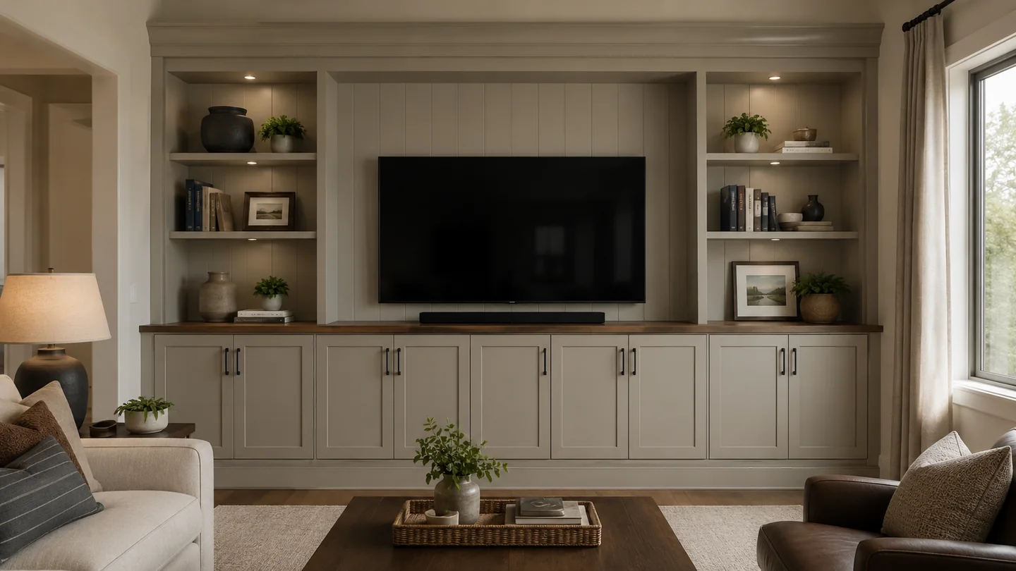 Taupe entertainment center built-in with display shelves