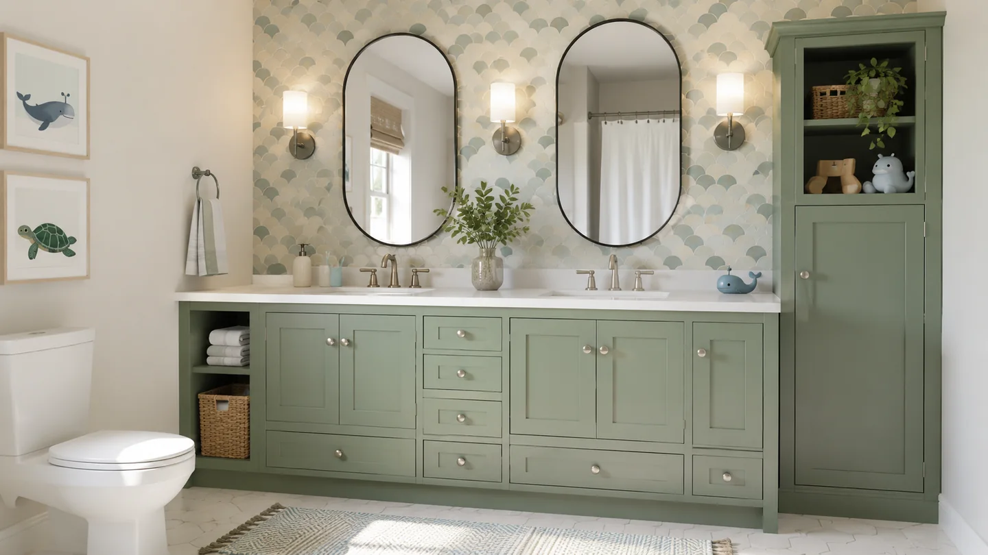 Soft green family bath vanity with playful tile