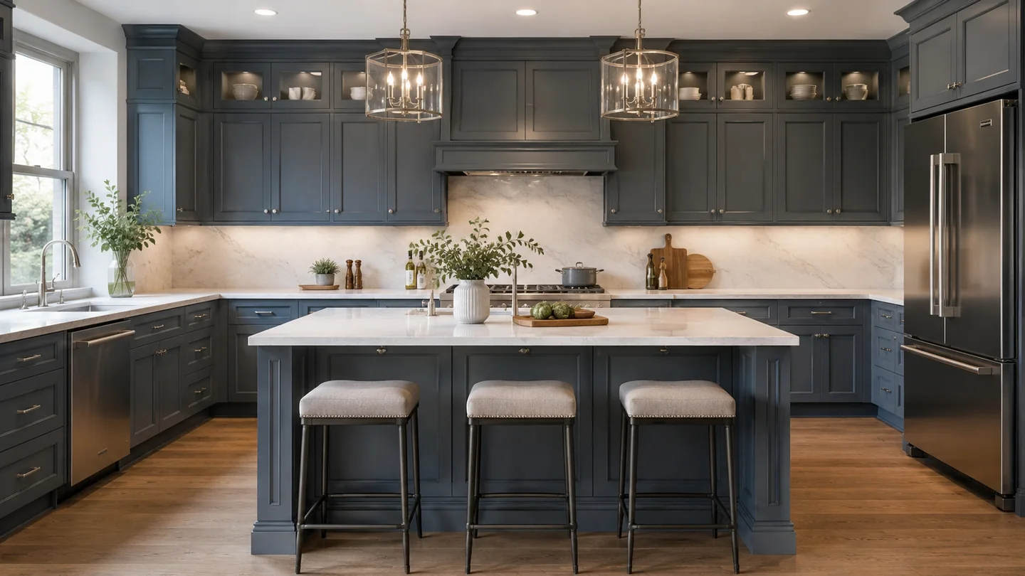 Blue kitchen with glass display uppers, large island, and refined storage wall