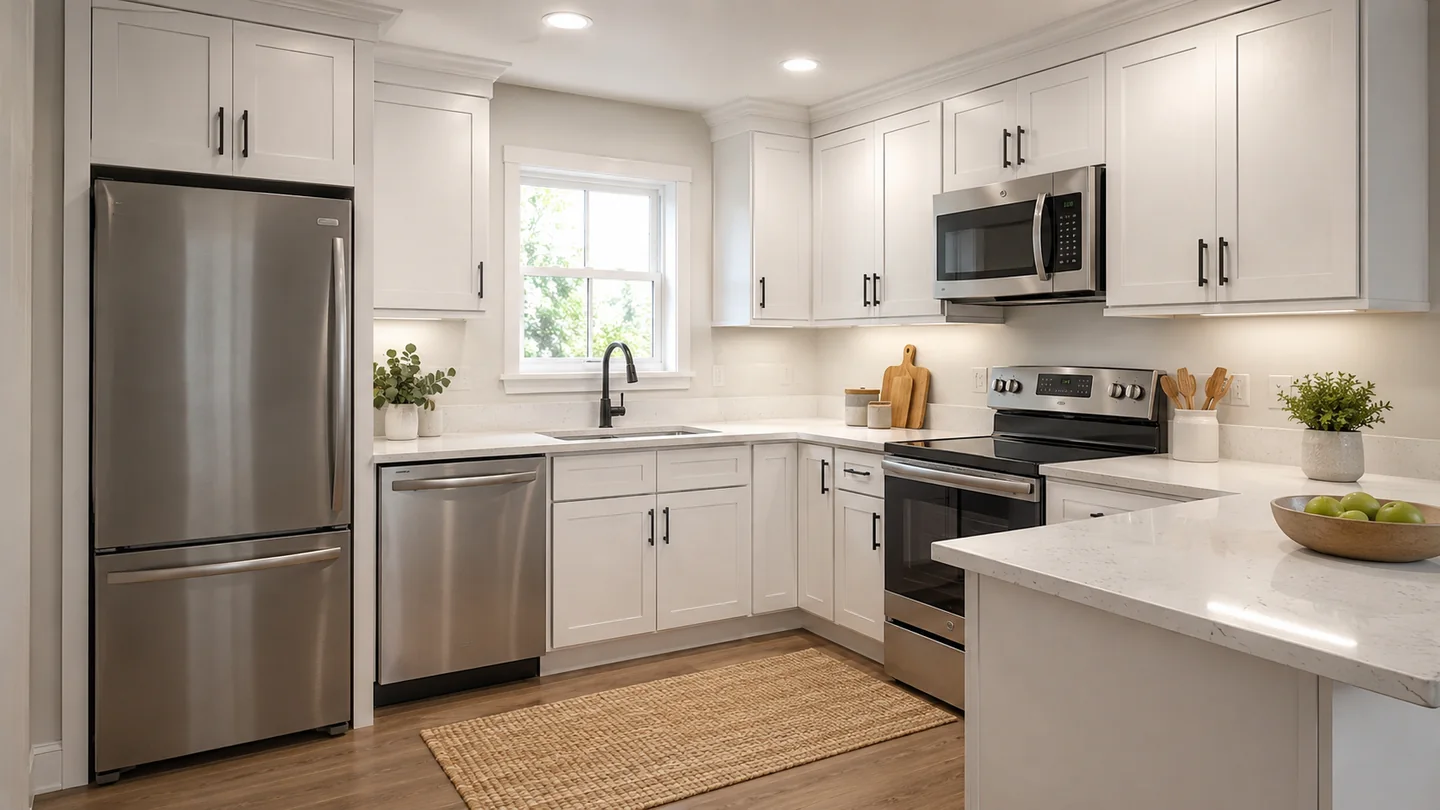 Clean white shaker kitchen with stainless appliances