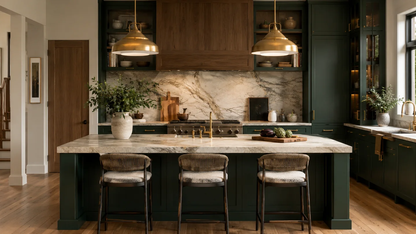 Deep green kitchen with warm wood hood, marble backsplash, and brass accents