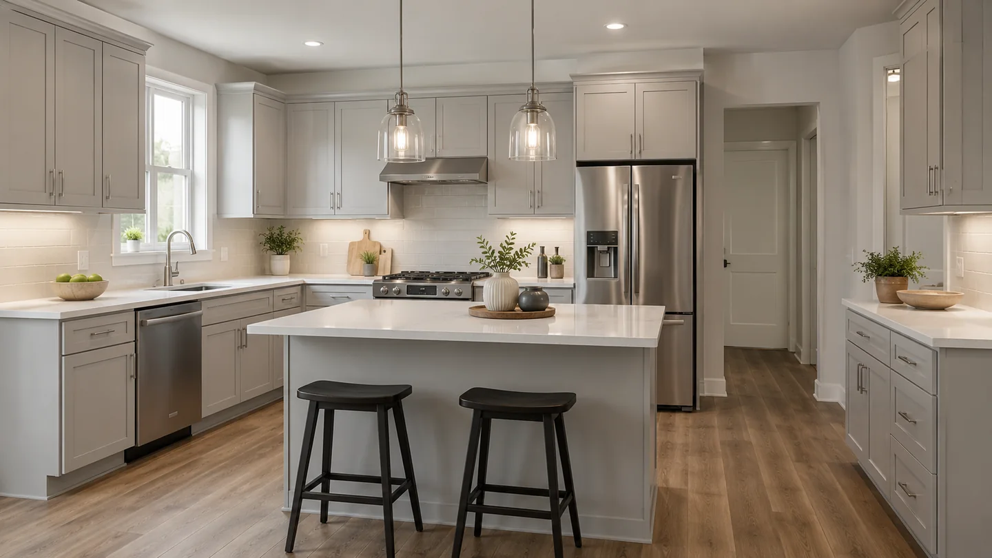 Light gray kitchen with island, stainless appliances, and clean cabinetry planning