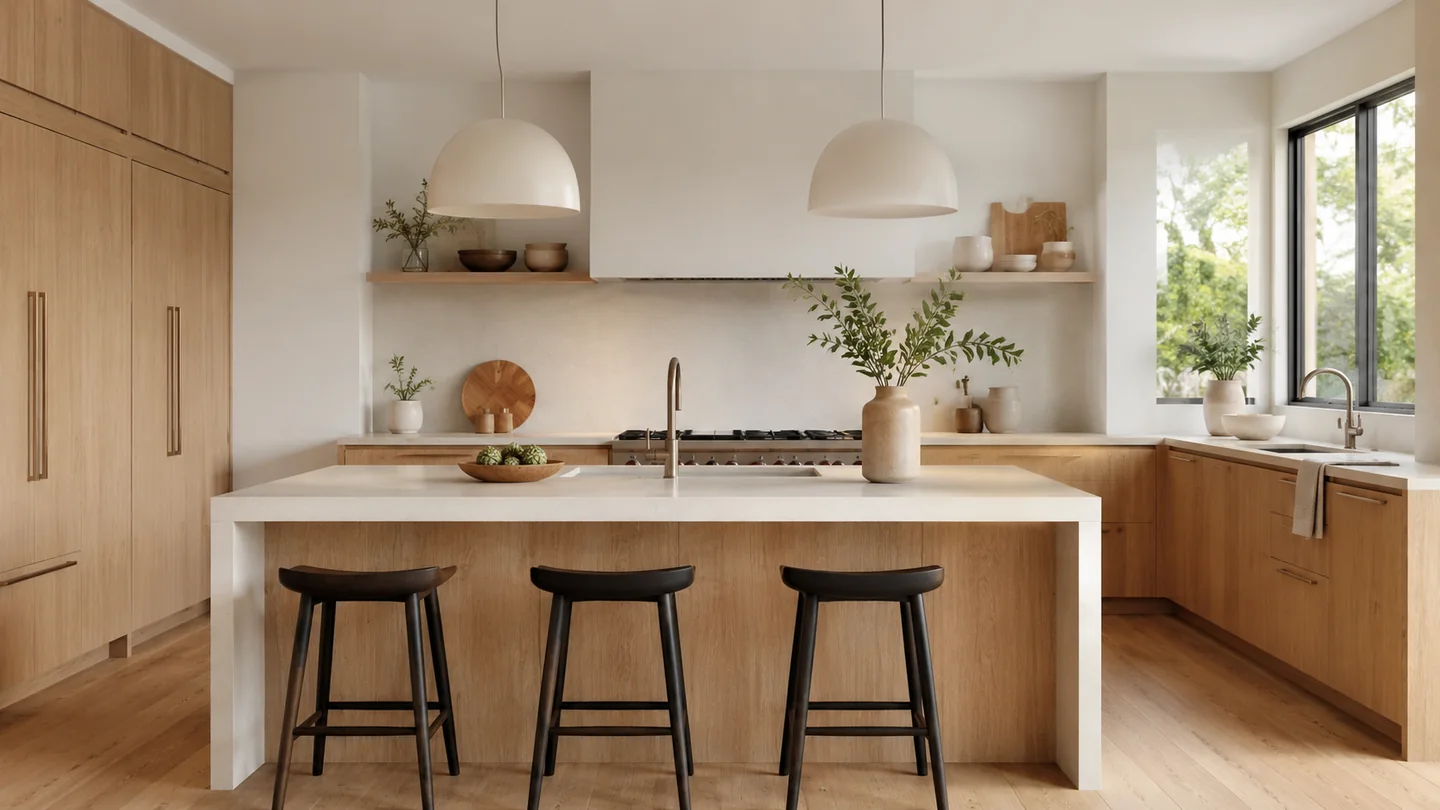 Modern light oak kitchen with integrated cabinetry and clean island detail
