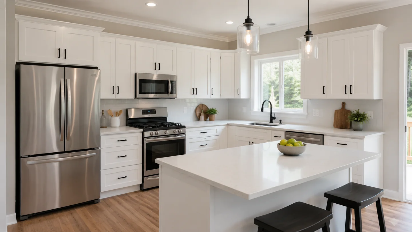 Practical white kitchen with clean appliance integration and island seating