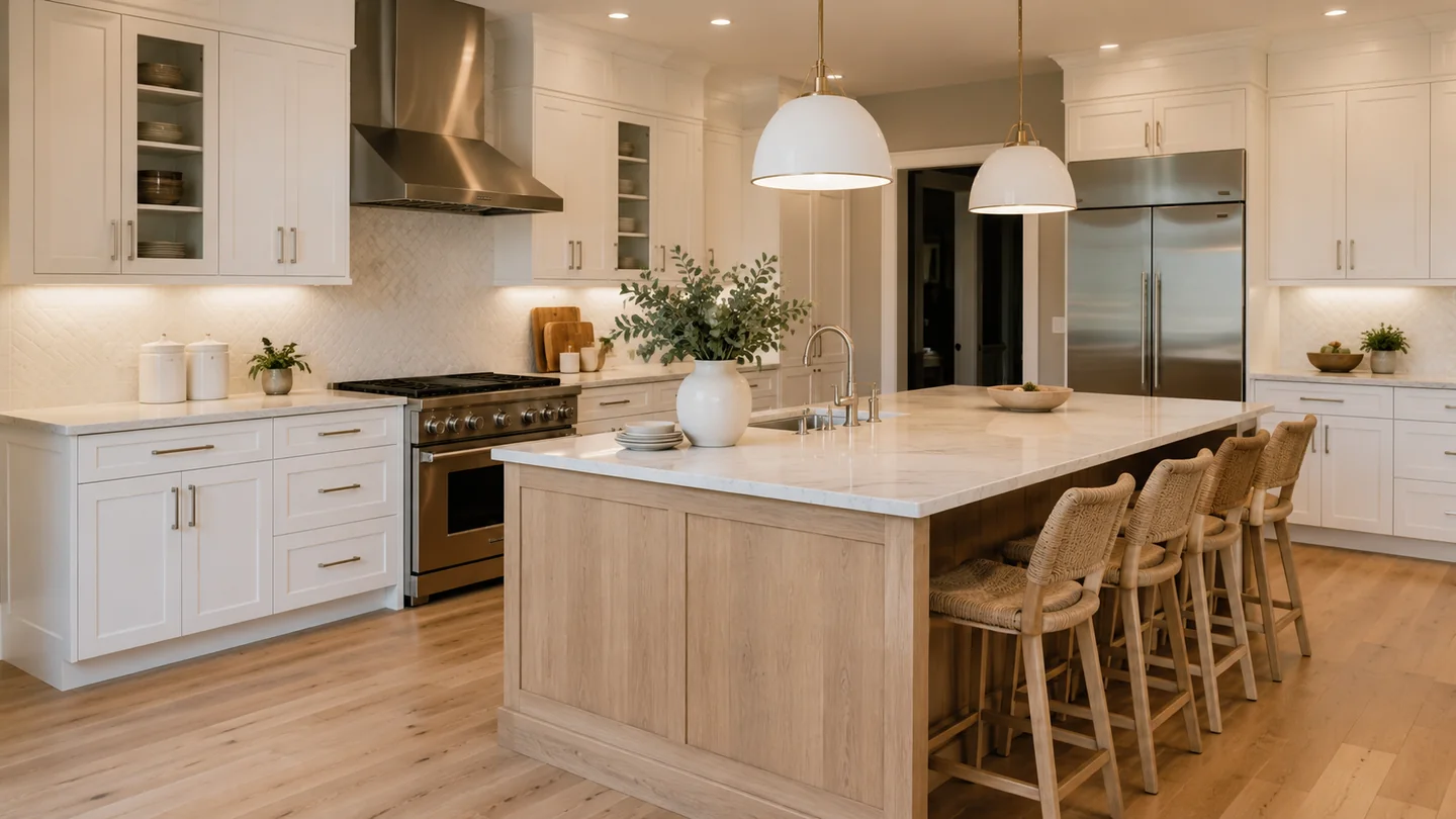 White painted kitchen with light oak island and warm practical-luxury detailing
