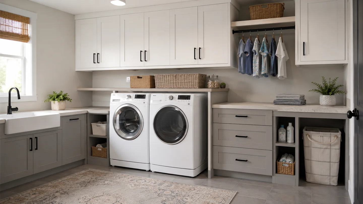 Family laundry room with storage, hanging area, utility sink, and folding counter