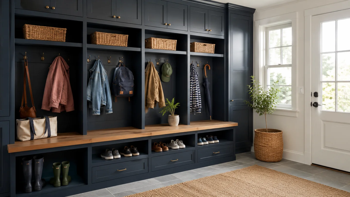 Navy family mudroom with bench, hooks, cubbies, and shoe storage