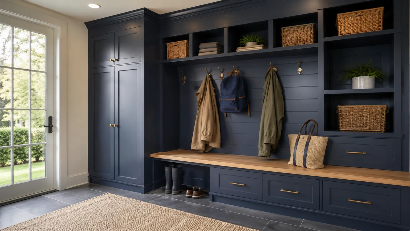 White mudroom with wood bench, hooks, cubbies, and entry storage