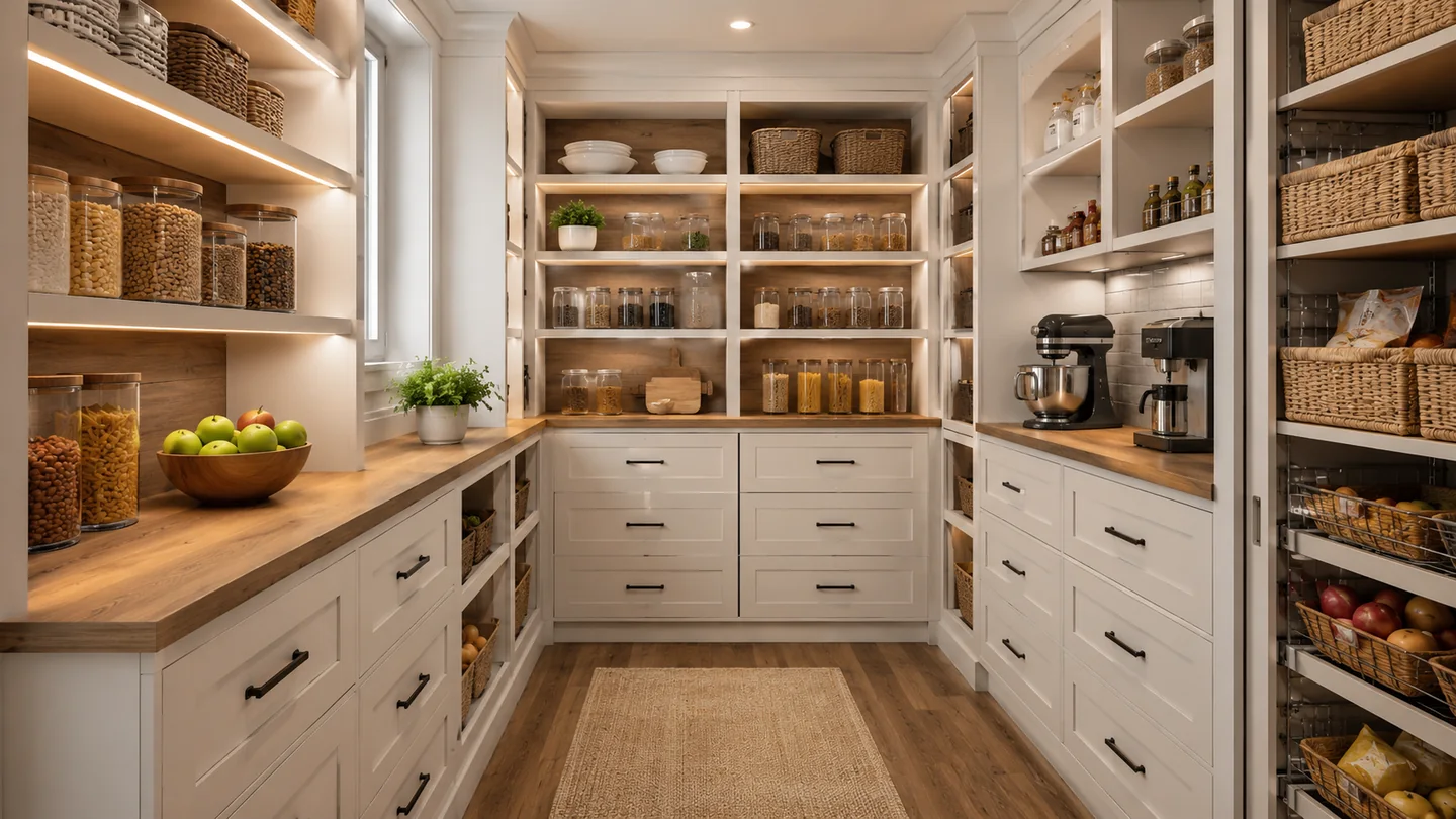 White pantry with open storage, drawers, baskets, and task lighting