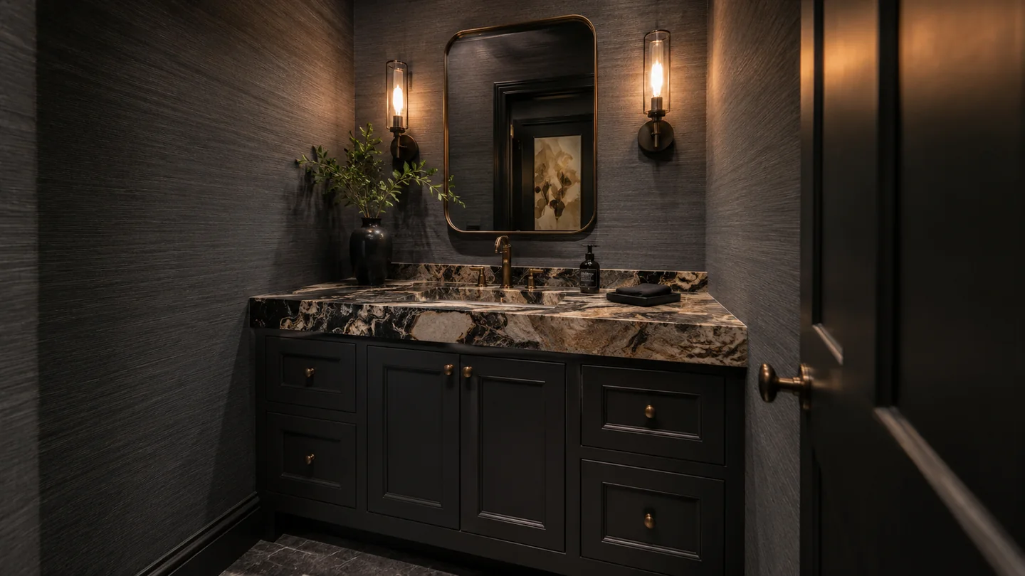 Dark powder bath vanity with dramatic stone countertop