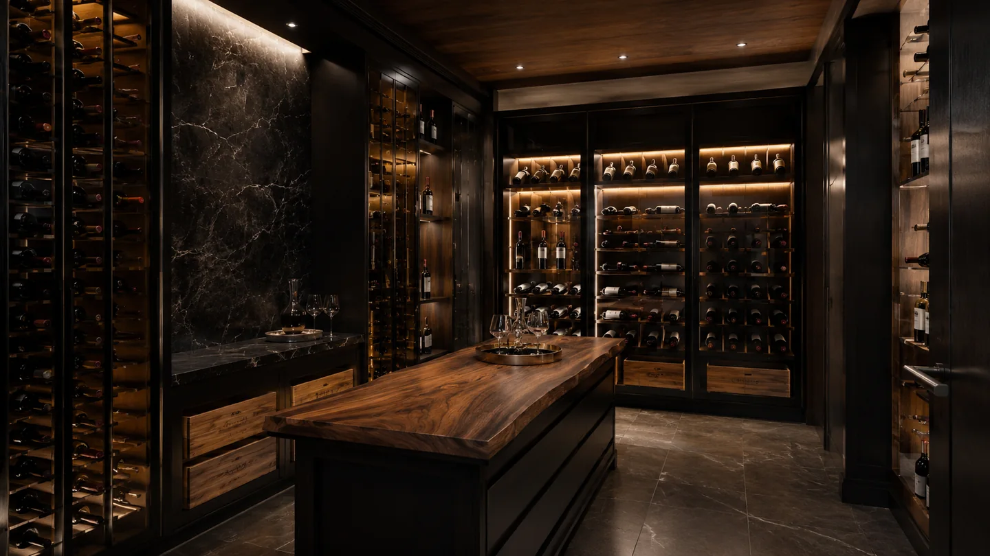 Dark luxury wine room with illuminated bottle storage
