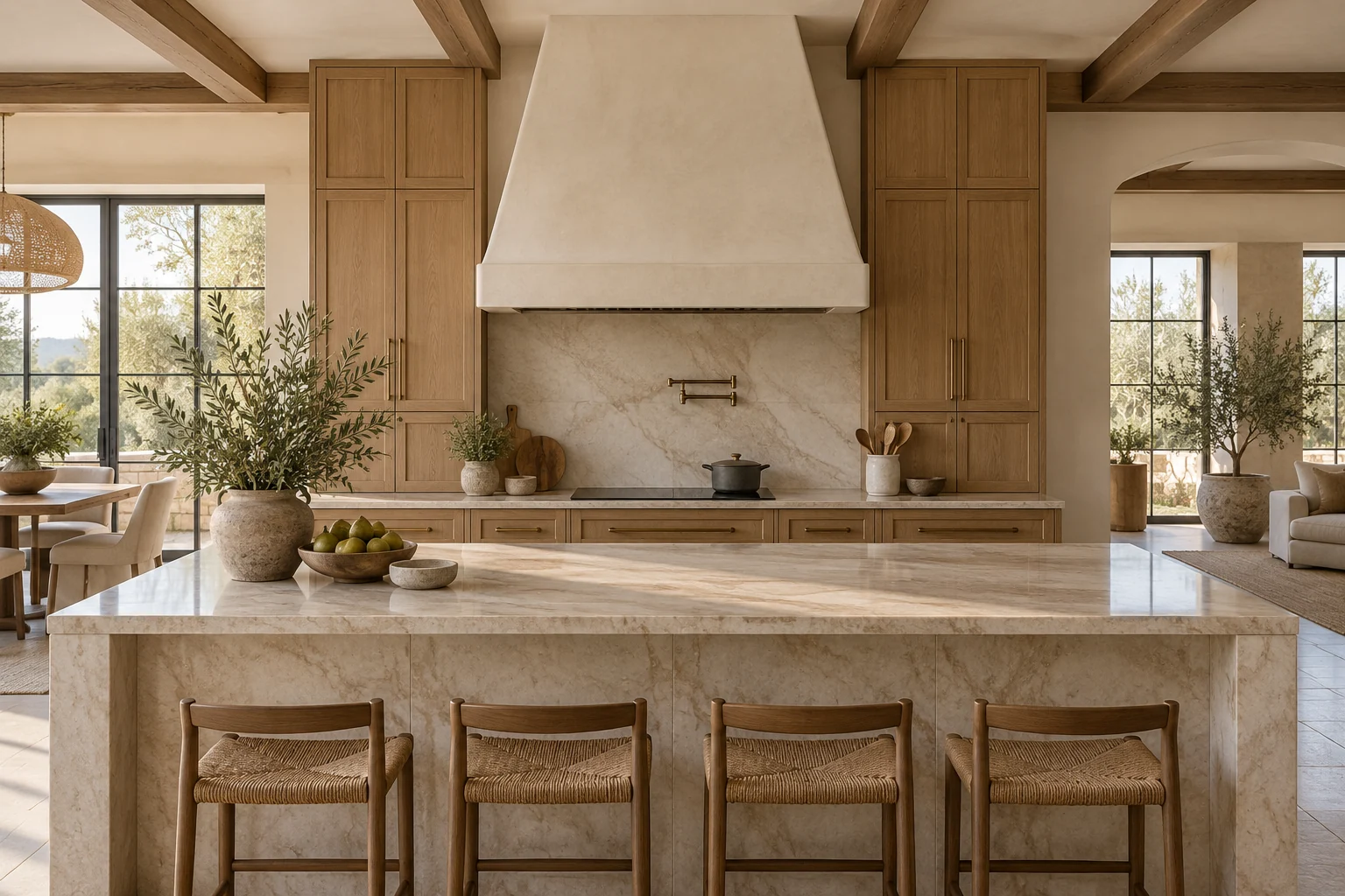 Conceptual kitchen inspiration with oak cabinetry, a stone island, and a sculptural plaster hood. Not a completed client project.