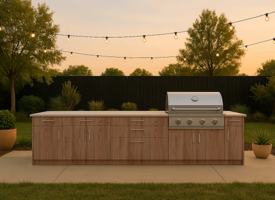 Straight outdoor kitchen cabinet run with grill, warm slab fronts, stainless pulls, and patio lighting.