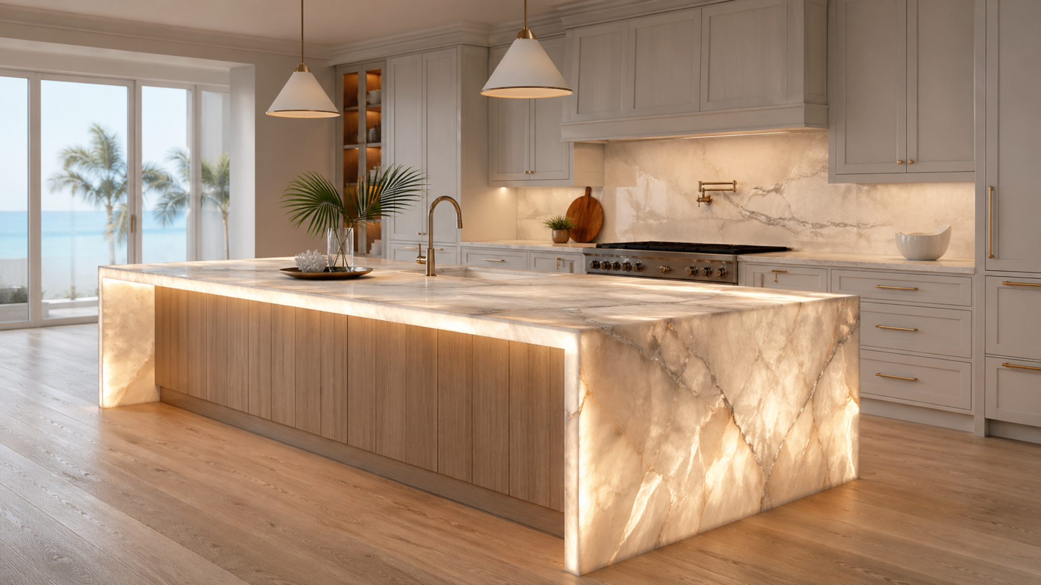 Back-lit stone countertop and waterfall island with integrated warm lighting