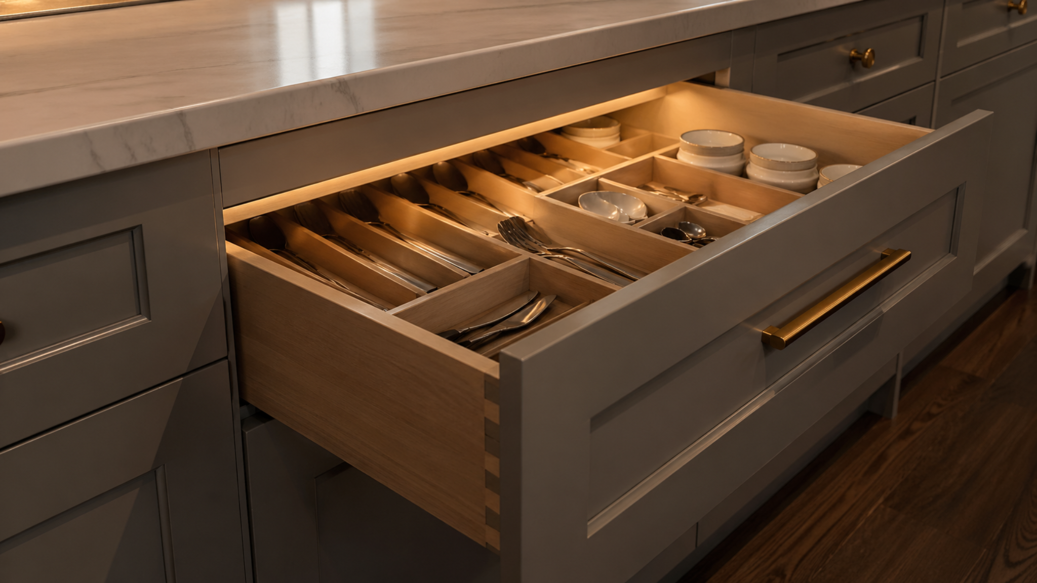 Open drawer with concealed drawer lighting