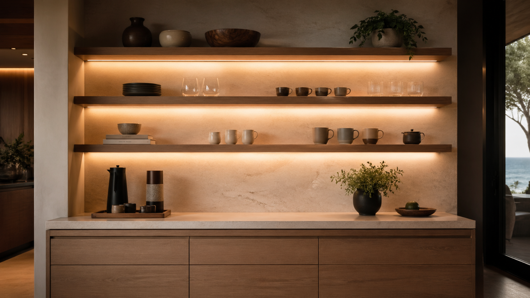 Floating shelves with integrated shelf lighting