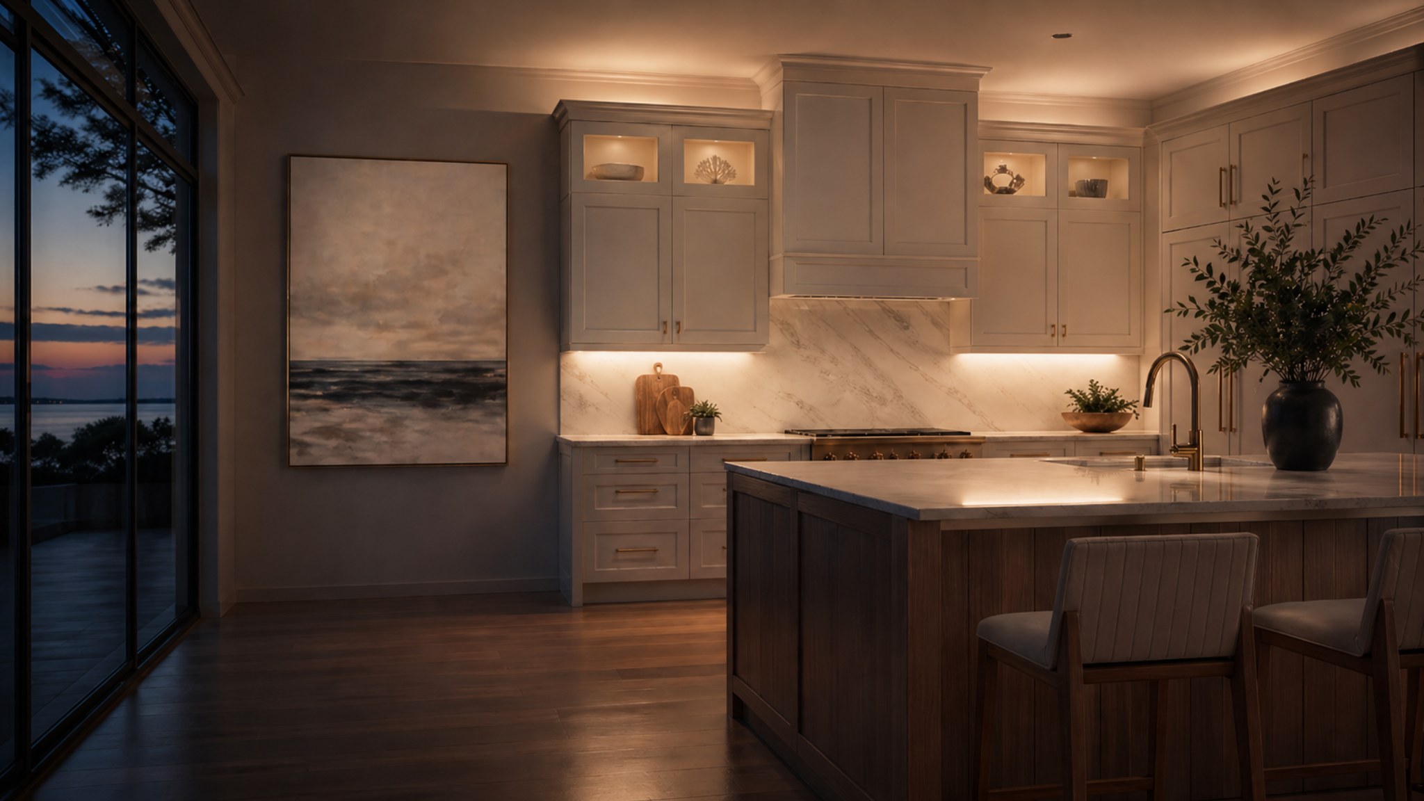 Luxury kitchen with integrated cabinet lighting, under-cabinet task lighting, interior cabinet lighting, and soft above-cabinet up-lighting