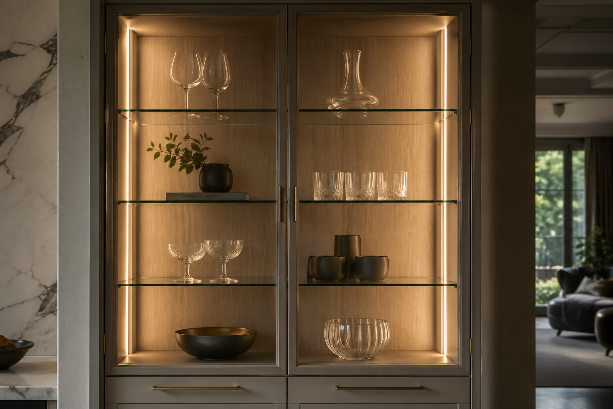 Interior cabinet vertical lighting illuminating glass shelves