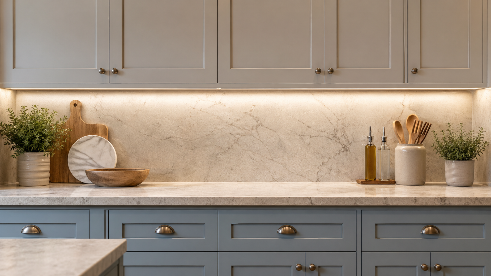 Under-cabinet task lighting illuminating a countertop