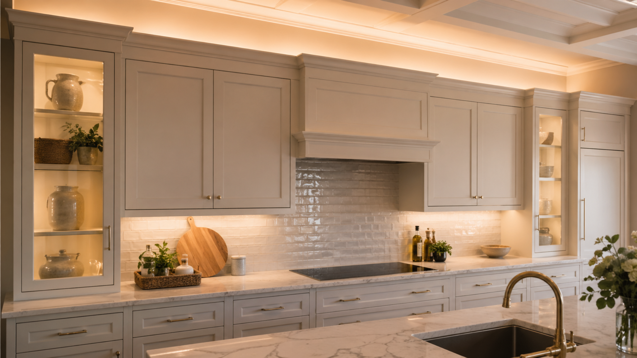 Above-cabinet up-lighting washing the ceiling and crown area