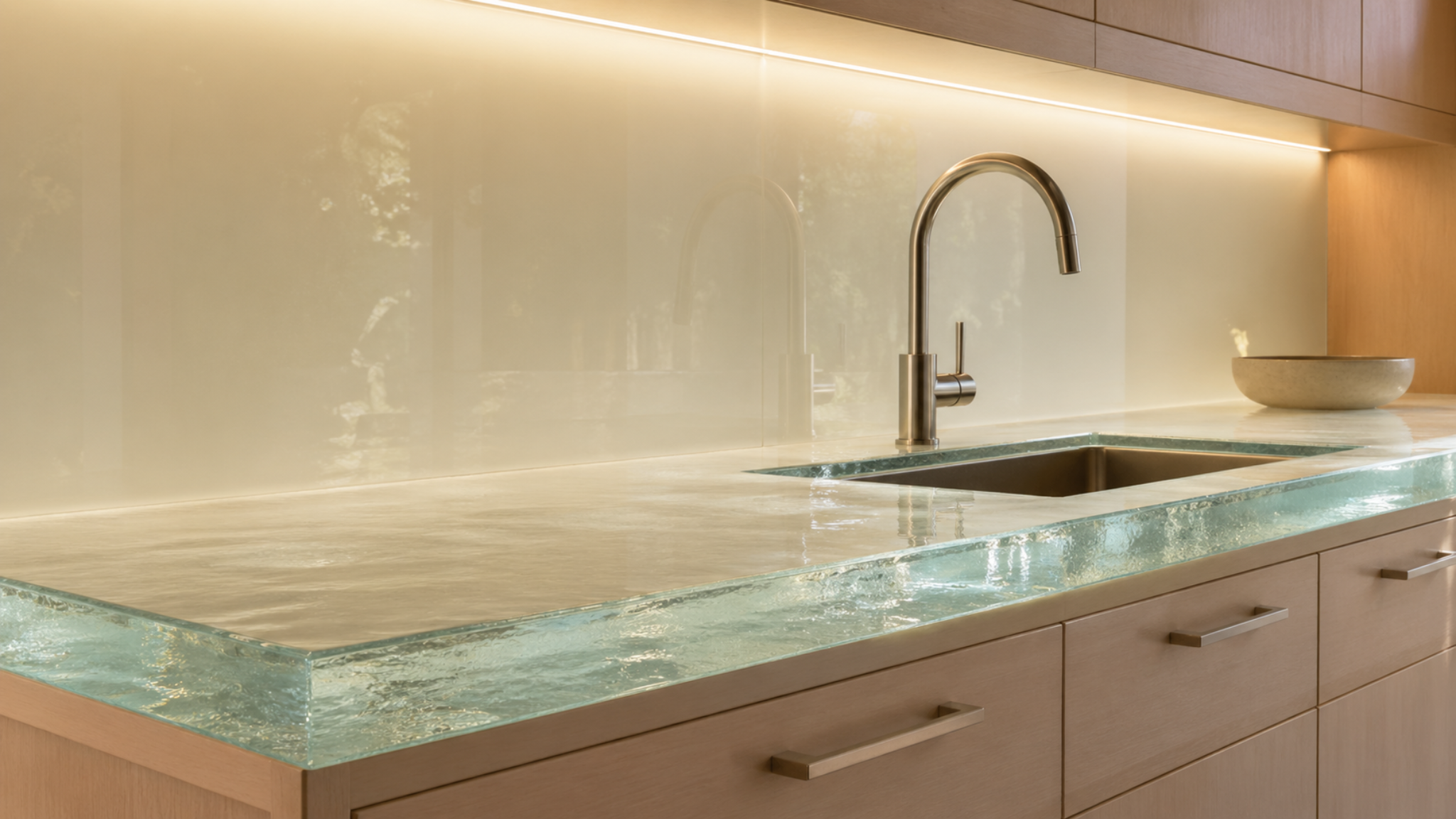 Glass countertop paired with seamless glass backsplash