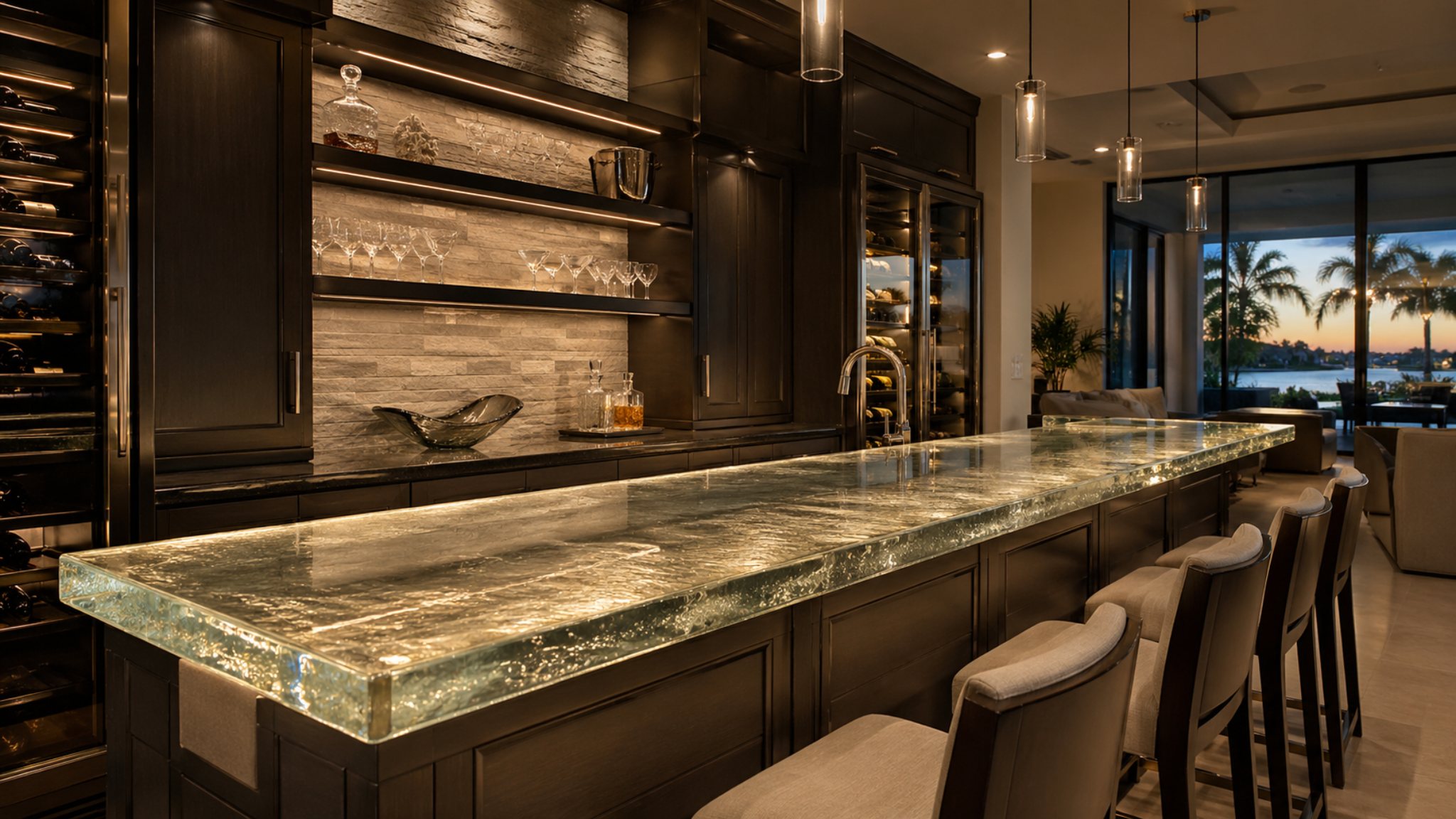 Backlit glass bar countertop in a premium home bar