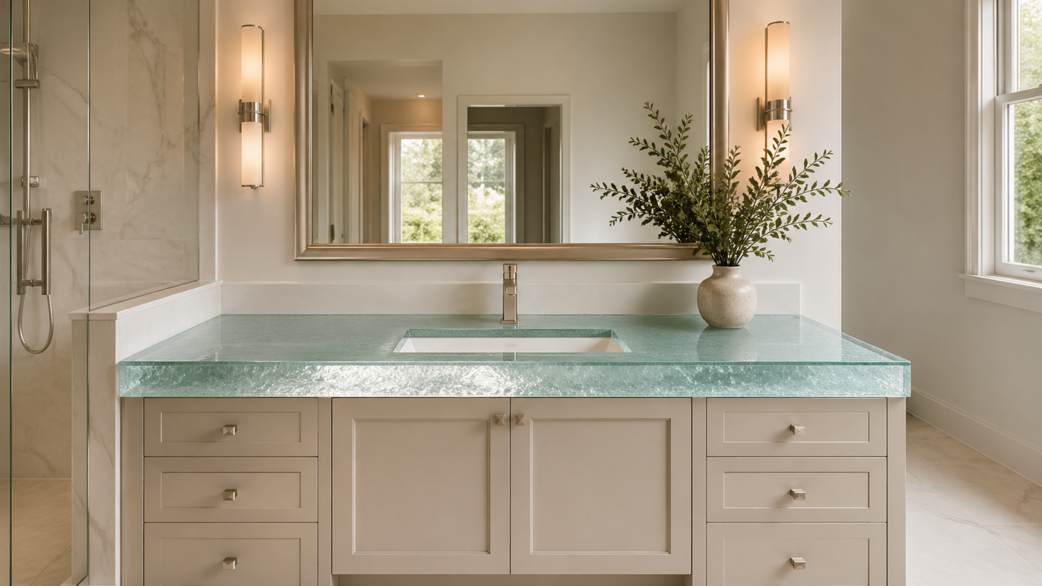 Bathroom vanity with thick glass countertop and sink opening