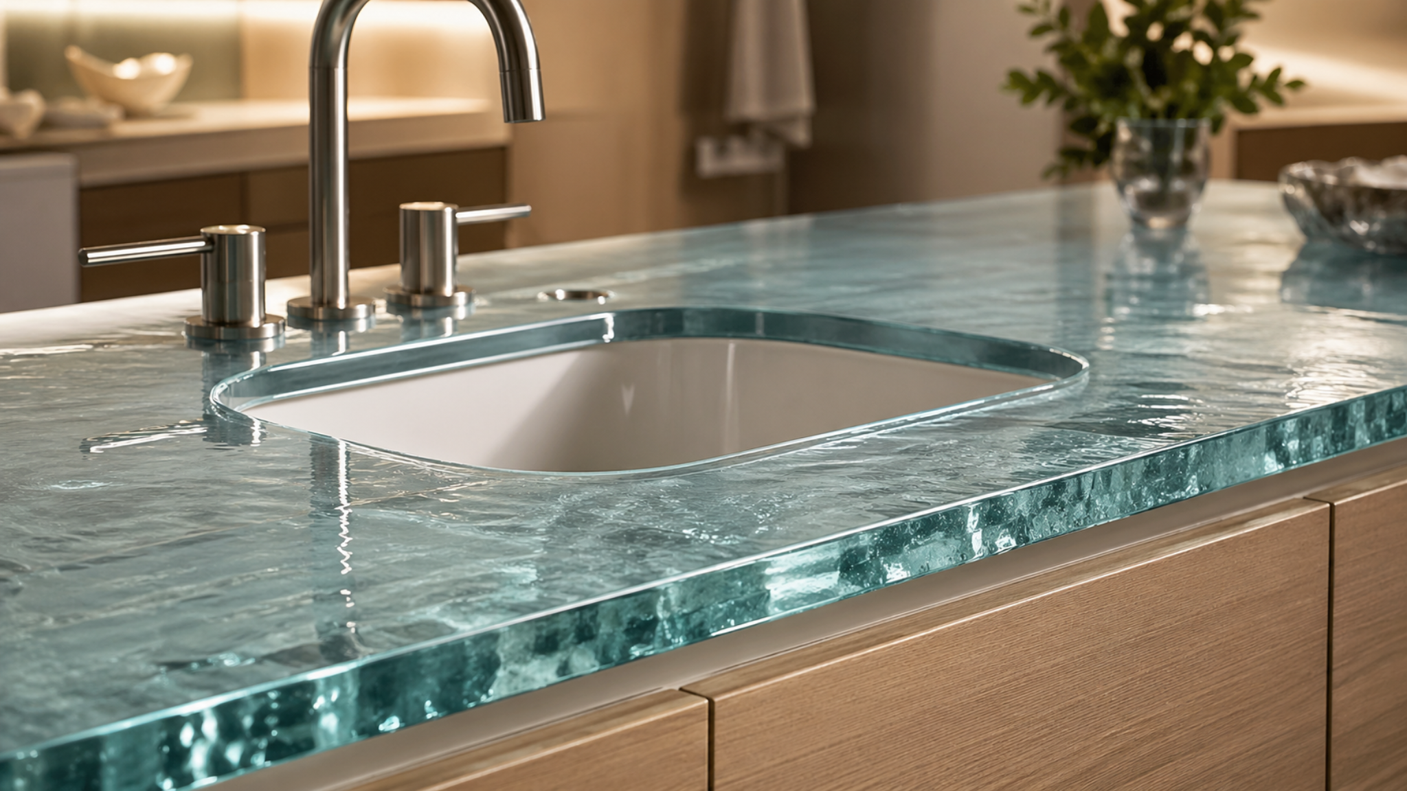 Custom glass countertop with precise sink and faucet cutouts