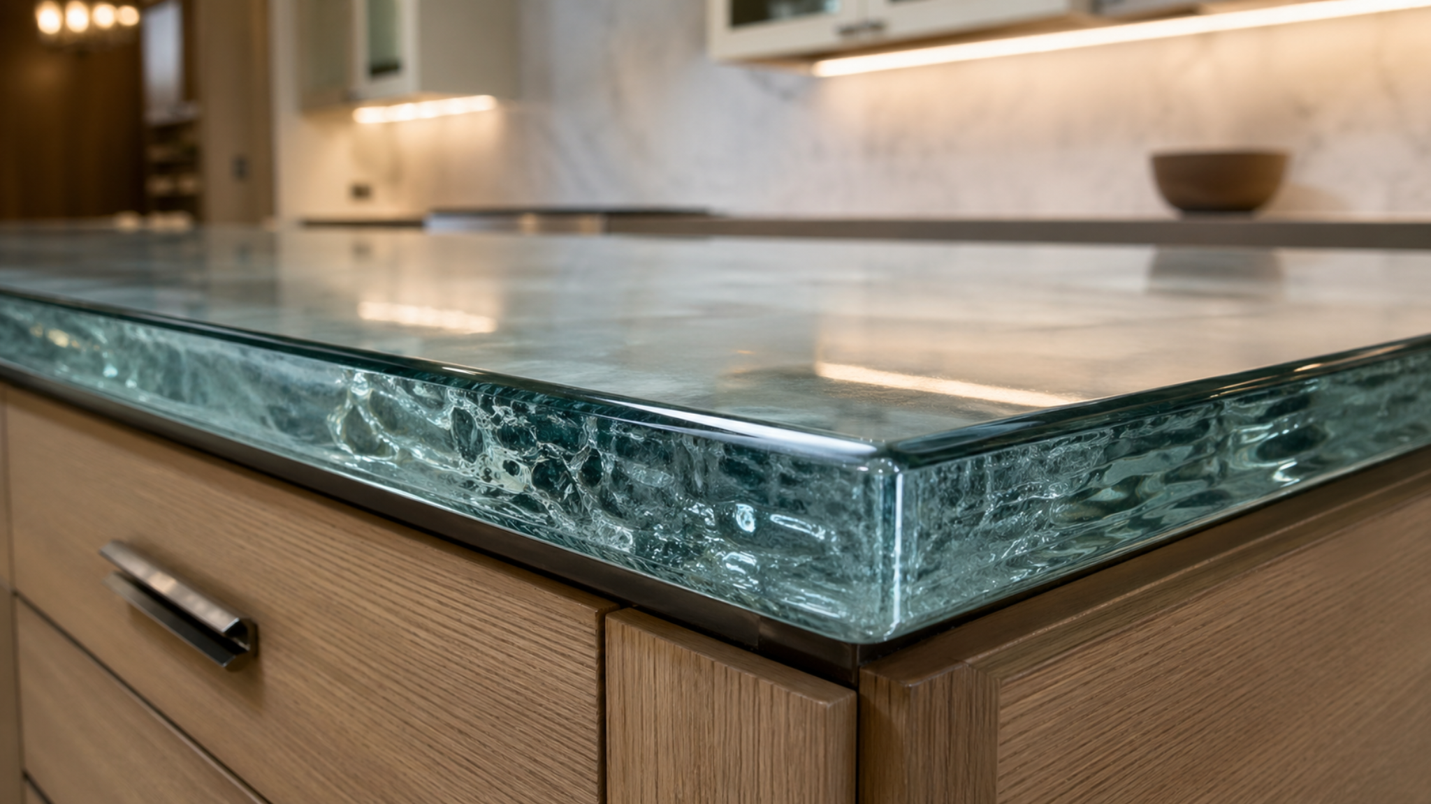 Close-up of thick polished custom glass countertop edge