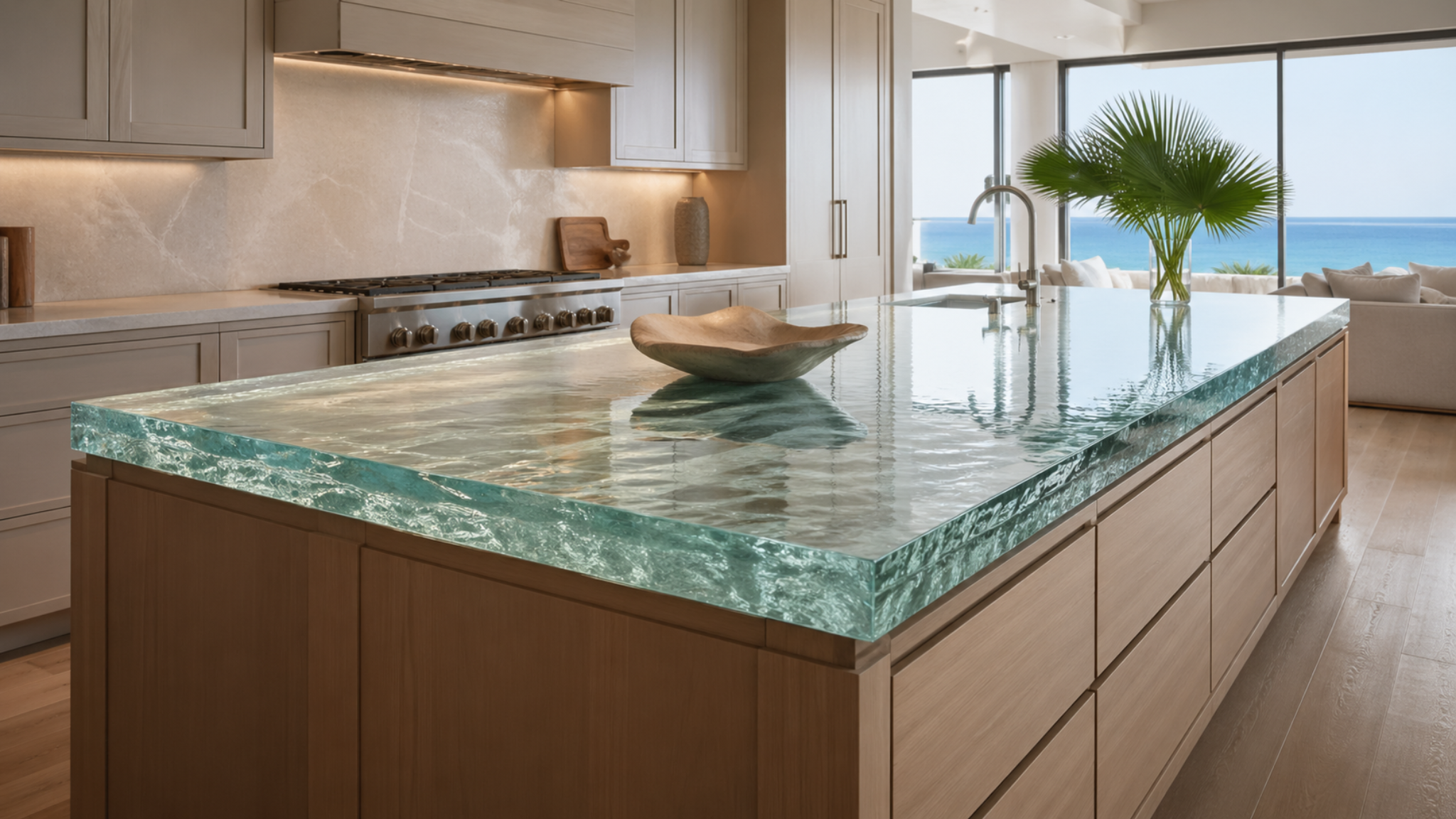 Thick custom glass kitchen island countertop with polished textured edge