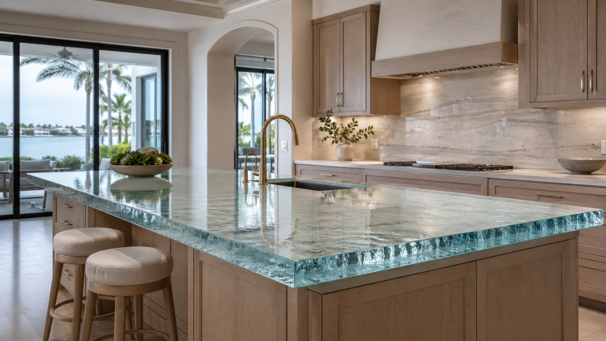 SWFL kitchen with thick custom glass island countertop