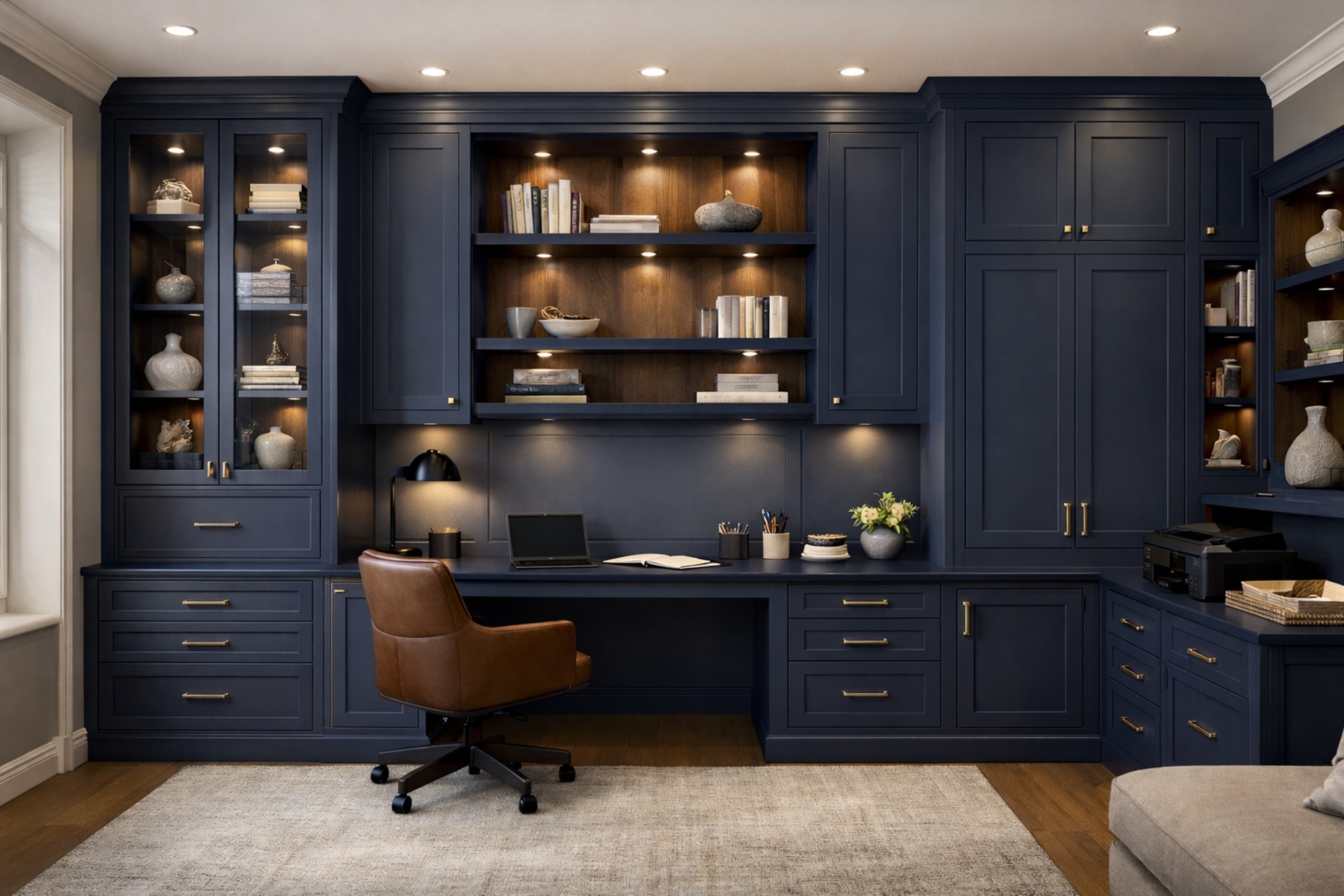 Make the office support work, storage, and the room’s visual tone.