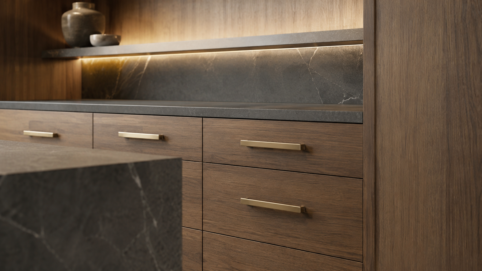Architectural cabinetry detail showing premium finish coordination, reveals, and durable touch points