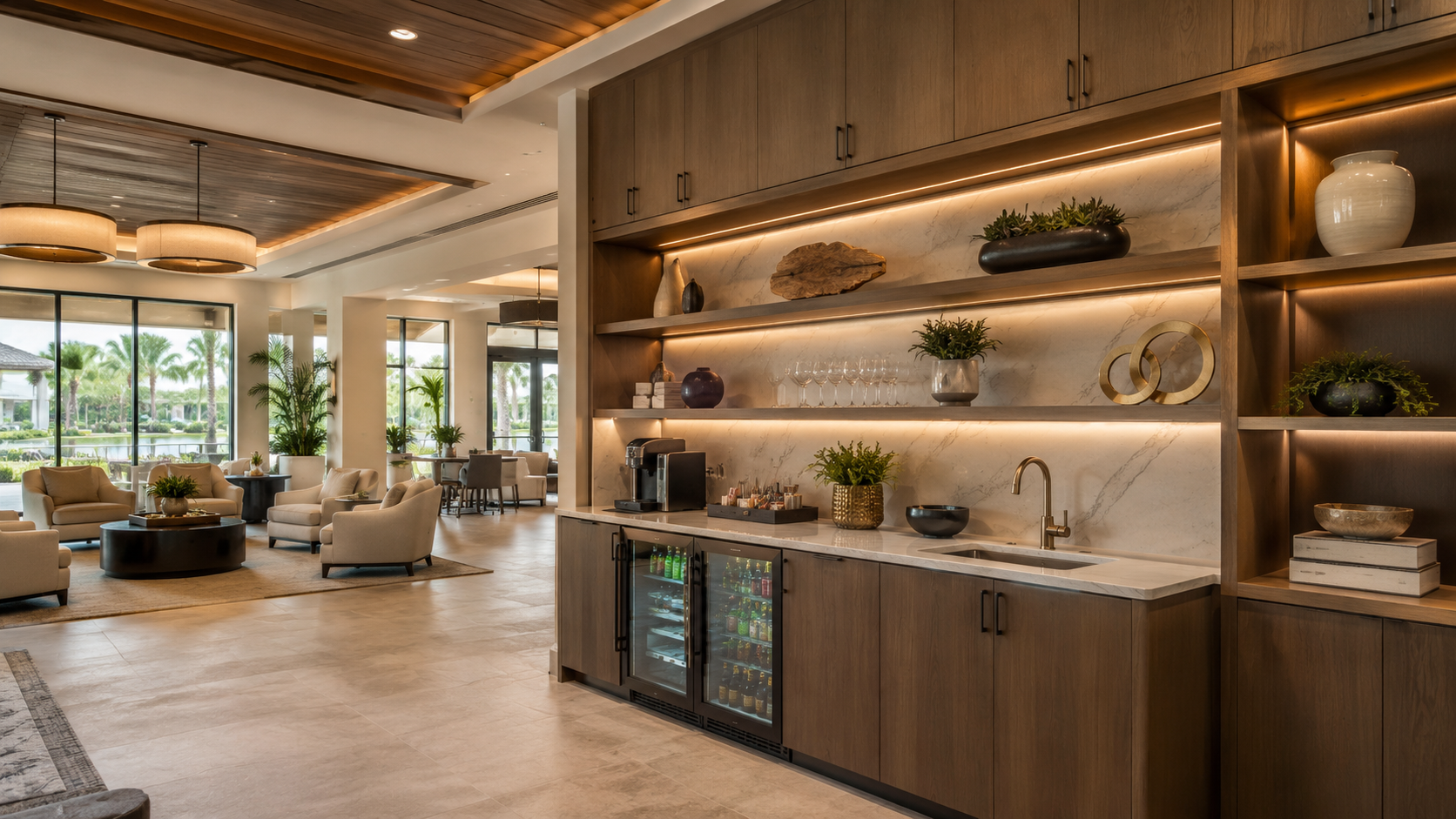 Luxury clubhouse interior with hospitality cabinetry