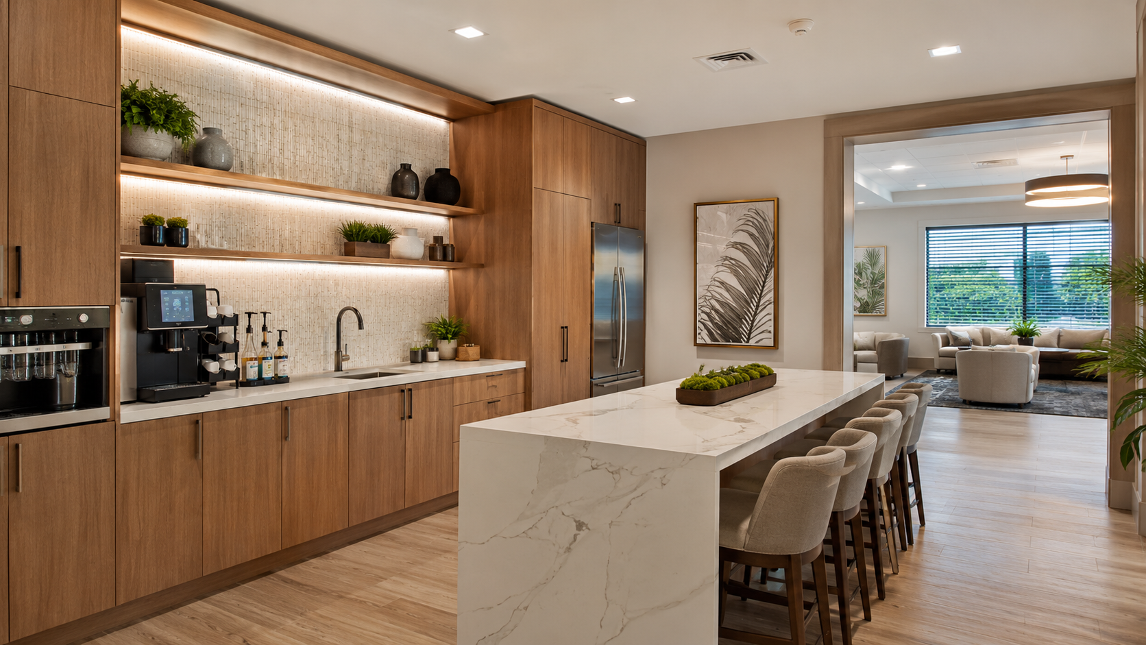 Luxury employee break room with warm professional cabinetry