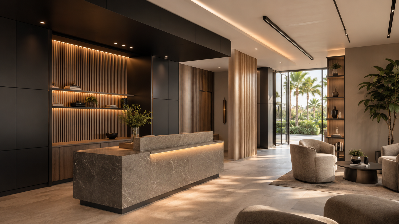 Luxury professional reception environment with premium custom cabinetry